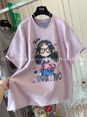 特大碼300斤獨特超好看減齡女孩撞色短袖T恤打底衫寬鬆上衣女春夏