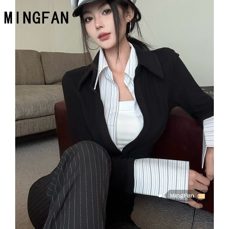 女裝時尚假兩件V領襯衫休閒設計感拼接針織上衣潮