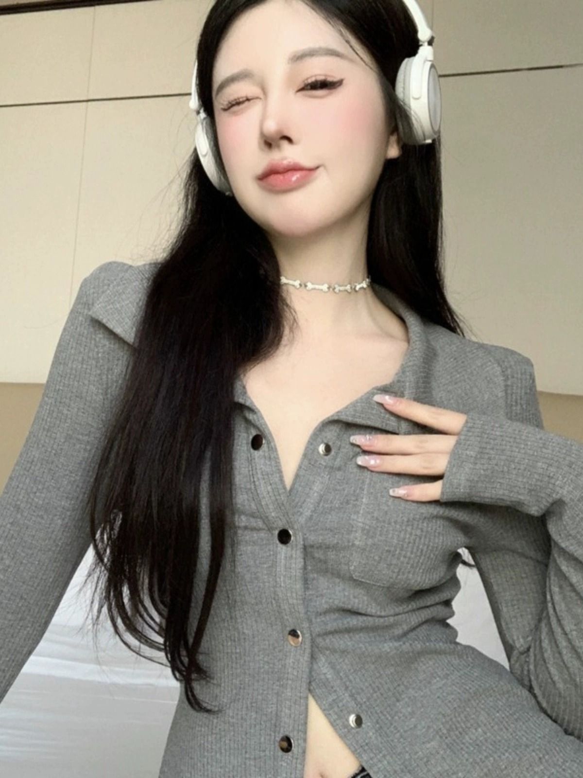 仿棉螺紋  POLO領短款女早秋薄款灰色長袖辣妹修身內搭上衣潮