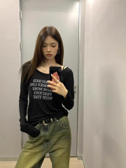 Korean chic design American style spring and autumn new hot girl letter printing slim long-sleeved T-shirt women's base top