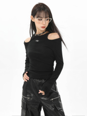American black off-shoulder knitted long-sleeved T-shirt for women early autumn hot girls slim tight short inner bottom shirt top