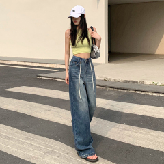 Drawstring high waist wide-leg jeans for women new loose and wide version straight-leg slimming and drape floor pants