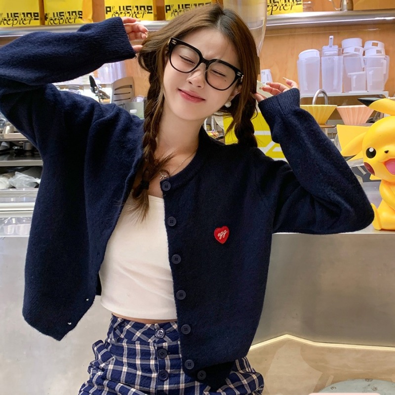 Love embroidered rice, nanny blue knitted sweater cardigan jacket for women in autumn and winter new round neck soft glutinous loose long-sleeved top