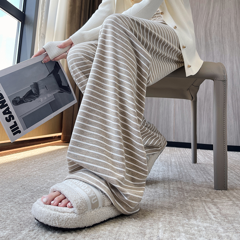 Lazy style striped wide-leg pants for women in autumn lace-up elastic waist loose slimming casual straight-leg mopping pants