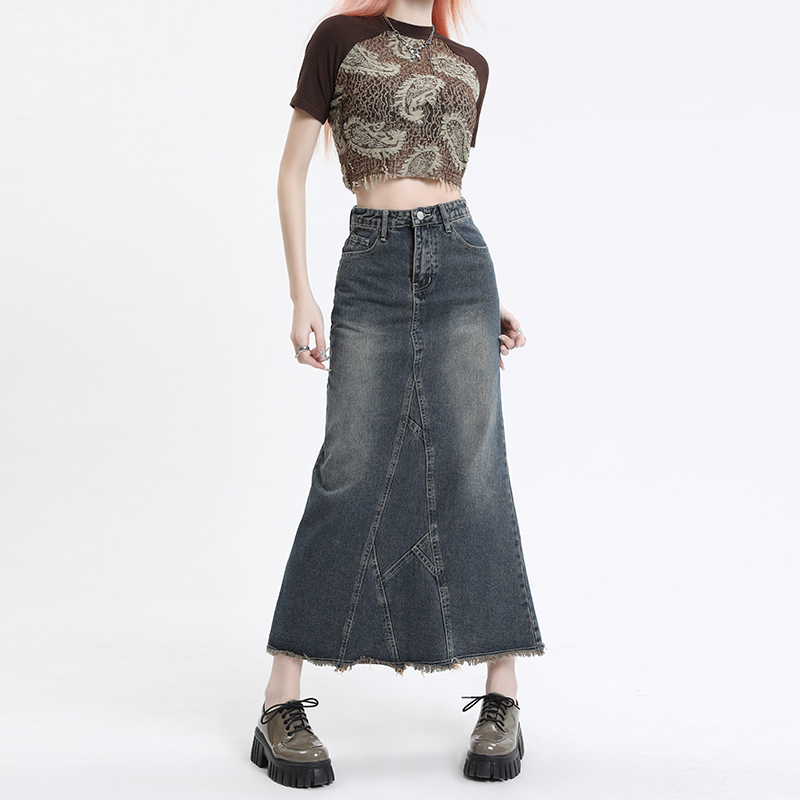 Slit denim skirt for women in summer new retro slim high waist ins fishtail A-line skirt mid-length