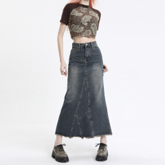 Slit denim skirt for women in summer new retro slim high waist ins fishtail A-line skirt mid-length