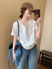 Small lace lace V-neck short sleeve 2025 summer new Korean version high-end loose versatile solid color top
