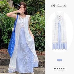 法式蕾絲針織連衣裙子女2025新款夏季設計感開叉鏤空疊穿罩衫長裙