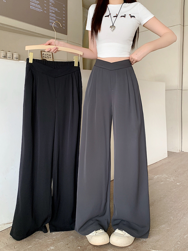 Real shot of 2025 summer new fat mm large size women's casual and versatile design high waist slimming hips and wide-leg pants