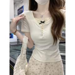 Real-life shots and real-price summer Korean version pure lace button fake two-piece design pure cotton short-sleeved T-shirt top