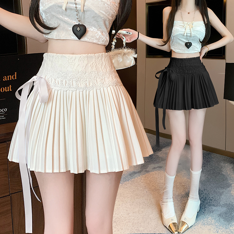 French design lace skirt for women in summer high waist A-line skirt white short skirt ballet style pleated skirt