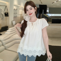 Spot real shot 2025 summer new Korean version versatile spliced ​​short-sleeved loose shirt girls doll shirt top