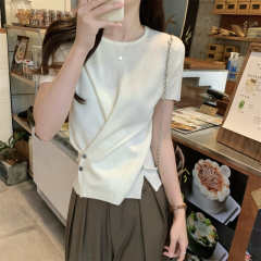Real shots and real price summer Korean style irregular button design 6 wool sweater short-sleeved top