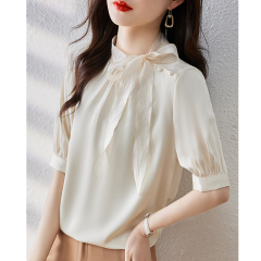 Spot real shot 2025 summer new Korean version versatile splicing bow short-sleeved satin shirt women's top summer