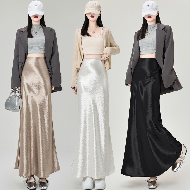 Real photo of acetic acid satin fishtail skirt for women 2025 spring high waist drooping A-line hip covering mid-length skirt