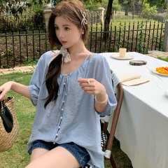 Fat sister large size women's V-neck hollow short-sleeved chiffon shirt for women in summer huge slim shirt top
