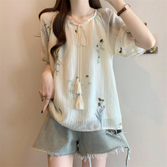 Real photo of tie-fitting round neck embroidered short-sleeved shirt for women in spring new design holiday style loose chic top