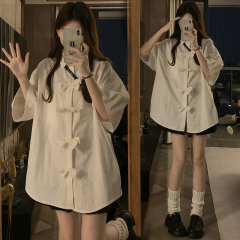 Real photo of a bow polo neck short-sleeved shirt for women in summer loose lazy girl half-sleeved shirt