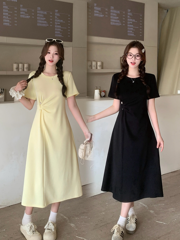 Real shot 2025 summer new fat mm large size women's French temperament round neck waist pleated slim short-sleeved dress