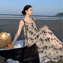 Ink painting butterfly suspender dress for women in summer French lazy beach vacation super long ankle beach skirt
