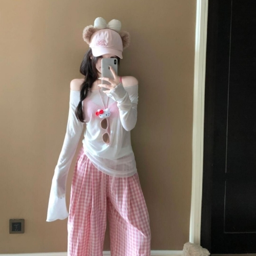Pink plaid wide-leg pants for women in summer 2025 new loose and slim high waist casual straight-leg mopping trousers