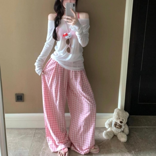 Pink plaid wide-leg pants for women in summer 2025 new loose and slim high waist casual straight-leg mopping trousers