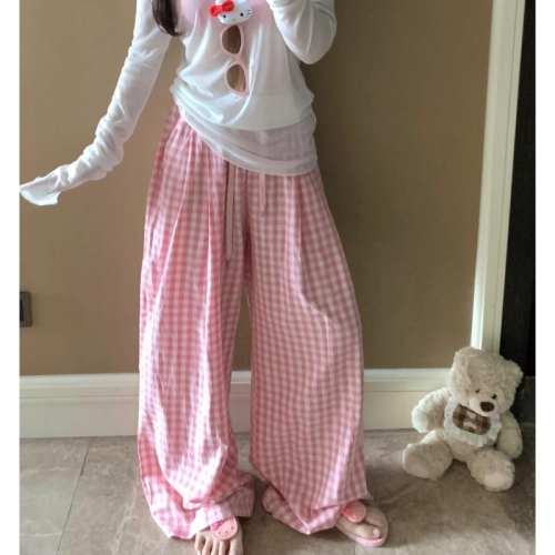 Pink plaid wide-leg pants for women in summer 2025 new loose and slim high waist casual straight-leg mopping trousers