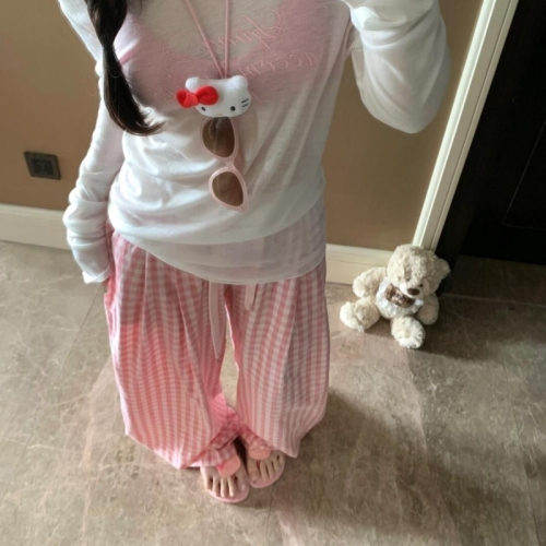 Pink plaid wide-leg pants for women in summer 2025 new loose and slim high waist casual straight-leg mopping trousers