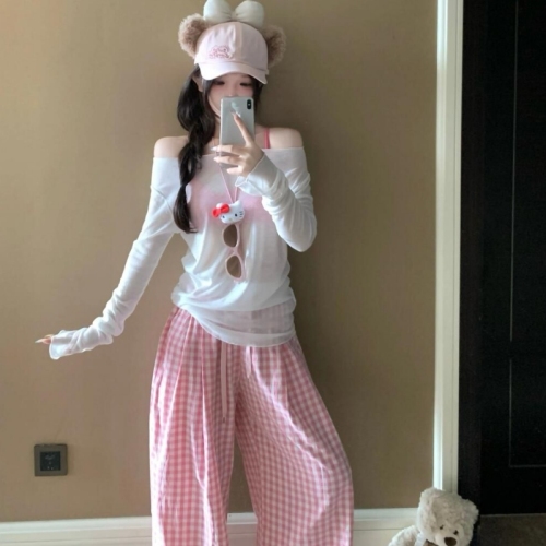 Pink plaid wide-leg pants for women in summer 2025 new loose and slim high waist casual straight-leg mopping trousers