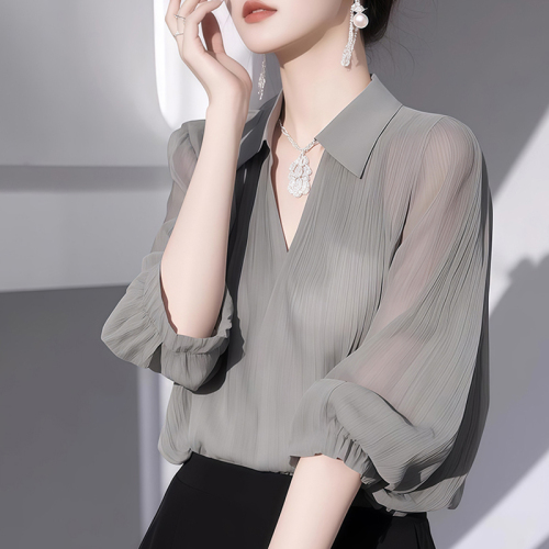 Gray chiffon shirt for women 2025 summer new hot shirt light luxury high-end unique and beautiful temperament top