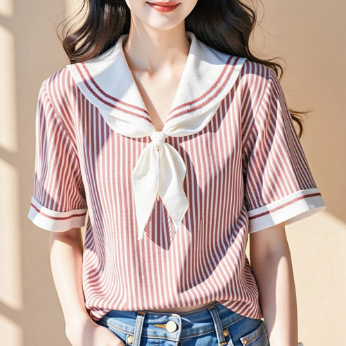 Navy neck striped short-sleeved shirt for women 2025 new summer hot shirt unique and beautiful design top