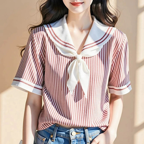 Navy neck striped short-sleeved shirt for women 2025 new summer hot shirt unique and beautiful design top