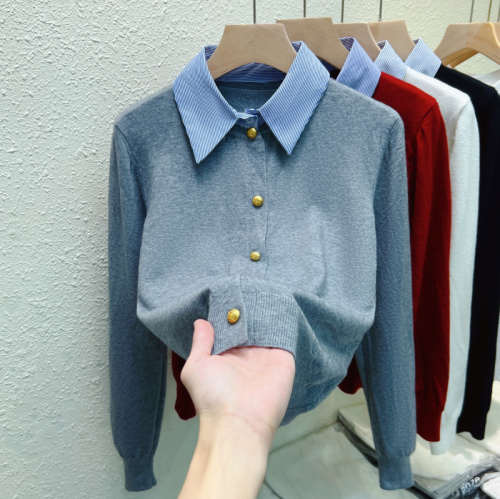 Real shot of shirt collar splicing fake two-piece long-sleeved sweater cardigan for women 2024 early autumn new bottoming shirt top