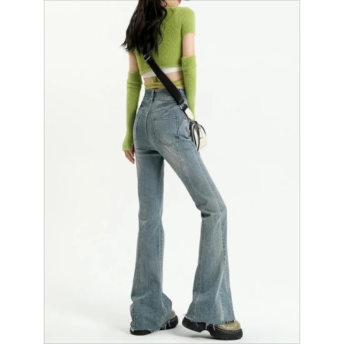 American retro rosy jeans for women in spring and autumn high waist slim and versatile Korean horseshoe bell-bottom pants