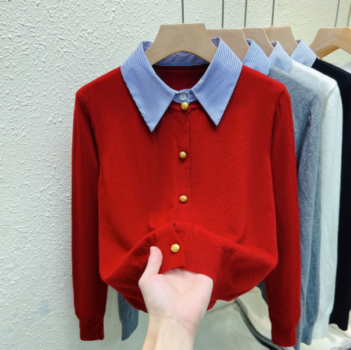 Real shot of shirt collar splicing fake two-piece long-sleeved sweater cardigan for women 2024 early autumn new bottoming shirt top