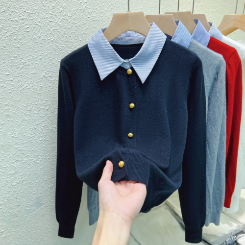 Real shot of shirt collar splicing fake two-piece long-sleeved sweater cardigan for women 2024 early autumn new bottoming shirt top
