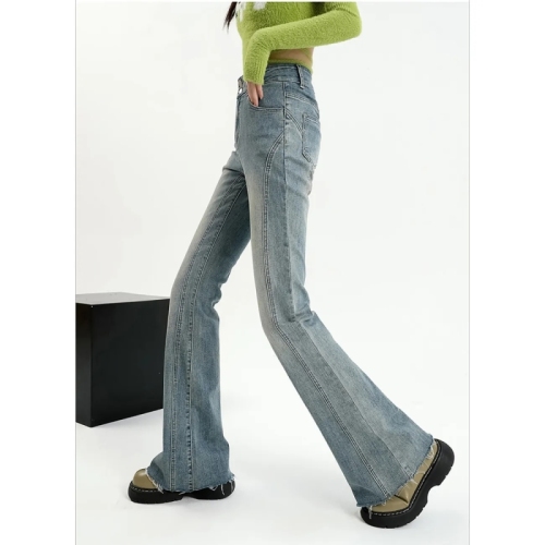 American retro rosy jeans for women in spring and autumn high waist slim and versatile Korean horseshoe bell-bottom pants