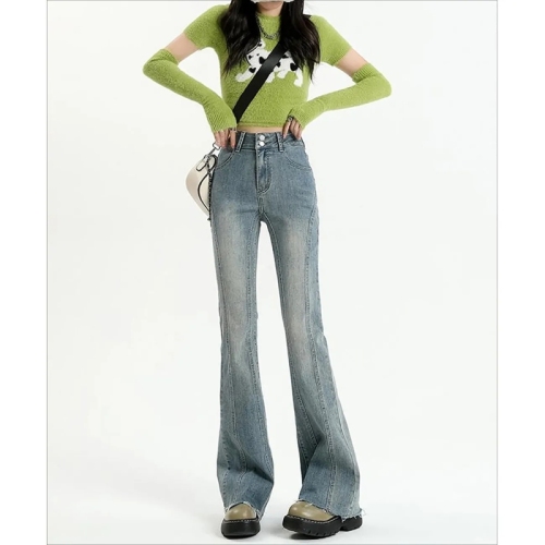 American retro rosy jeans for women in spring and autumn high waist slim and versatile Korean horseshoe bell-bottom pants