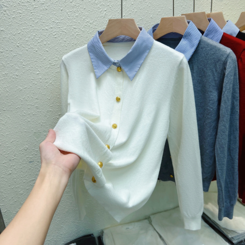 Real shot of shirt collar splicing fake two-piece long-sleeved sweater cardigan for women 2024 early autumn new bottoming shirt top