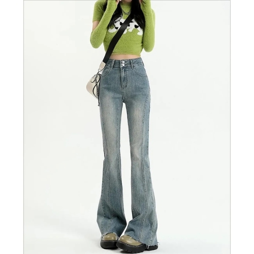American retro rosy jeans for women in spring and autumn high waist slim and versatile Korean horseshoe bell-bottom pants
