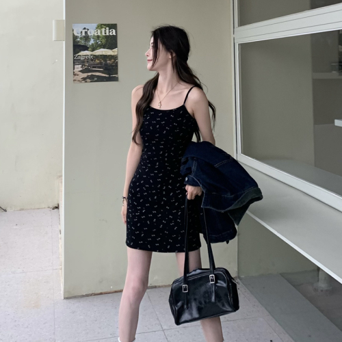 New summer tea break French black floral suspender dress for women's printed waist-closing fish tail midi skirt