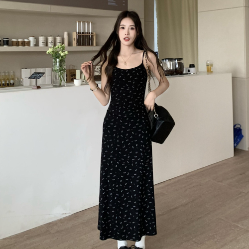 New summer tea break French black floral suspender dress for women's printed waist-closing fish tail midi skirt
