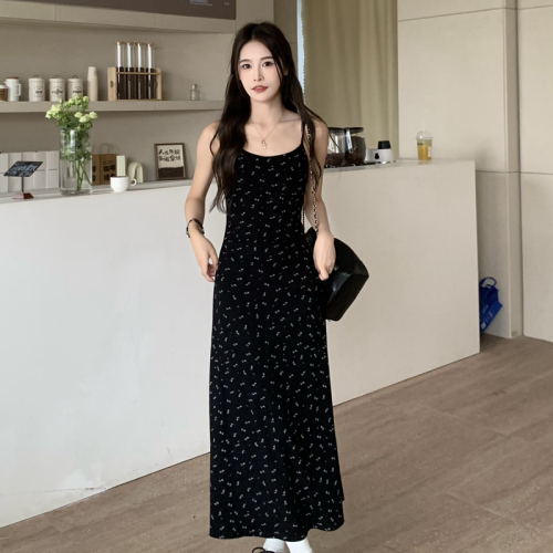 New summer tea break French black floral suspender dress for women's printed waist-closing fish tail midi skirt