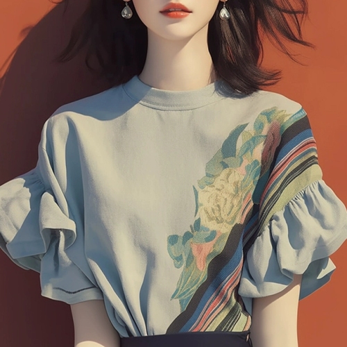 This year's popular French style unique top with grey ruffled shirt 2025 new women's summer style