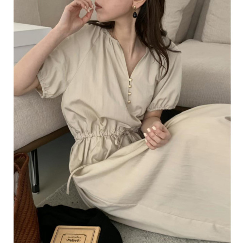 The size has been updated French elegant versatile basic style minimalist French Korean style lazy gold buckle waist-hugging dress