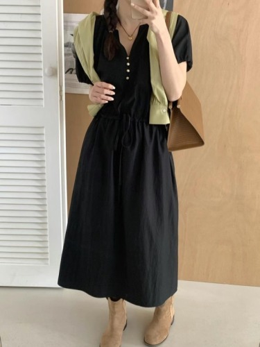 The size has been updated French elegant versatile basic style minimalist French Korean style lazy gold buckle waist-hugging dress