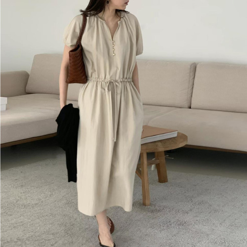 The size has been updated French elegant versatile basic style minimalist French Korean style lazy gold buckle waist-hugging dress