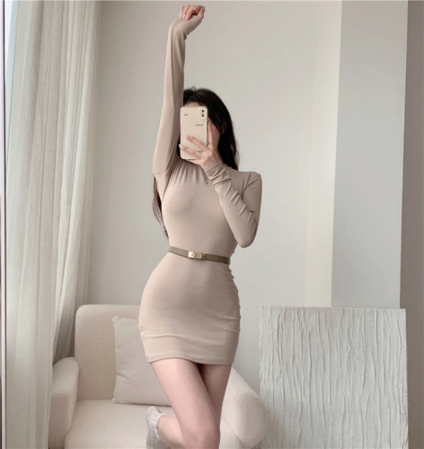 New hot girls long-sleeved knitted dress for women's base short skirt tight slim hip skirt