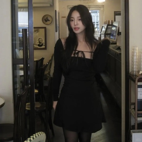 Size has been updated ins blogger dress pure sexy one-shoulder a-line fake two-piece small black dress dress