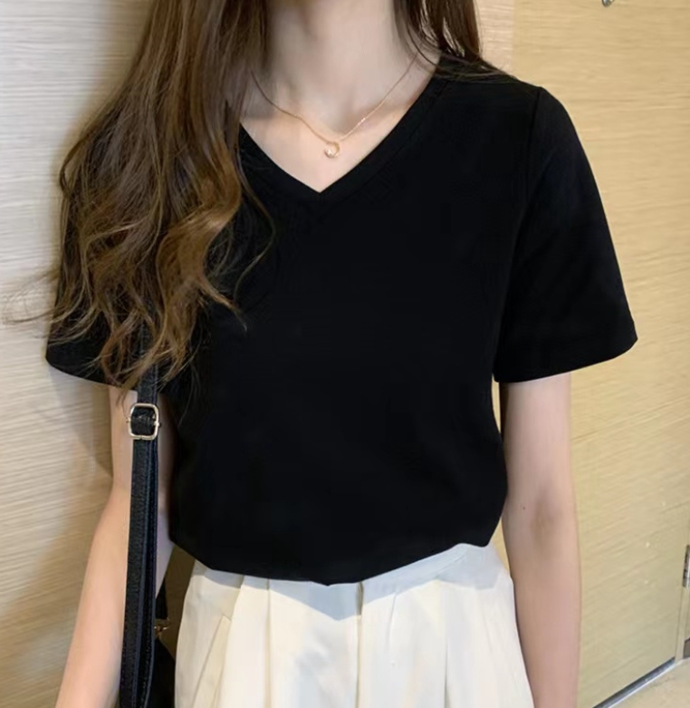 Korean version cotton white V-collar short-sleeved T-shirt for women in summer self-cultivation bottom shirt simple Han Fan half-sleeve T-shirt